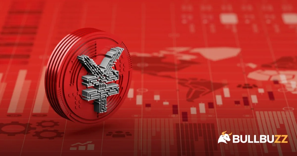 Digital yuan-style coin over red trading charts