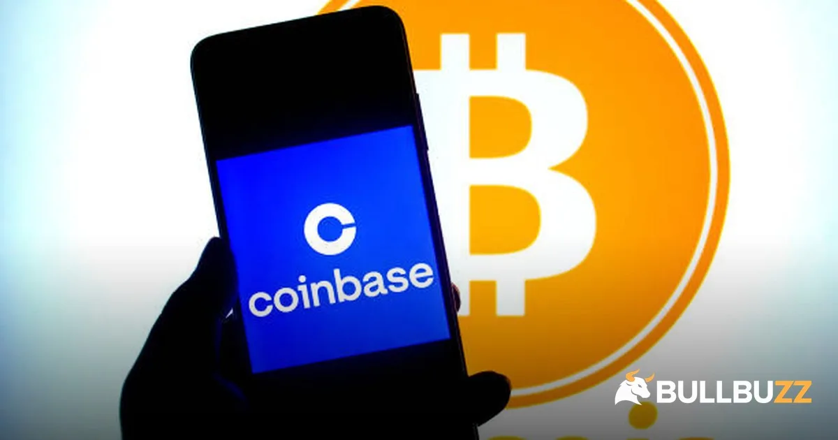 Coinbase logo on smartphone with Bitcoin logo behind